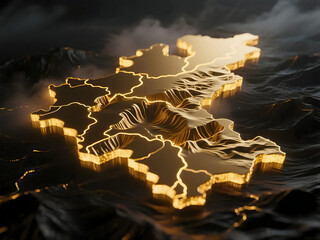 Abstract Golden 3D Rendered Map of India on a Dark Surface