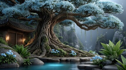 Obraz premium Majestic tree by serene water in a tranquil landscape.