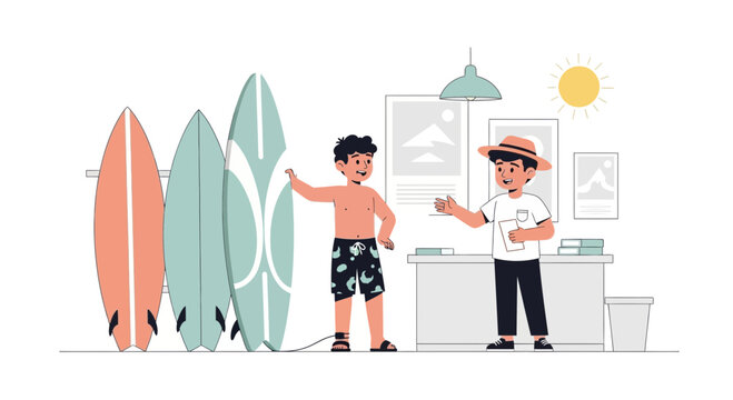 Cheerful Surf Shop Scene with Young Boy Choosing a Surfboard for Summer Fun