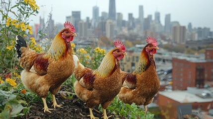 Chickens enjoying rooftop garden in urban chicago setting