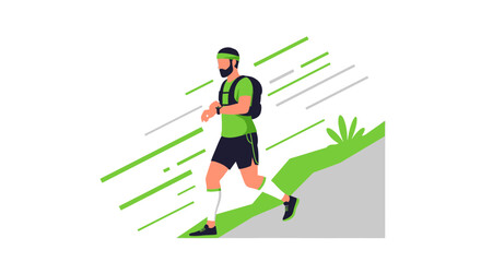 Active Man Trail Running Downhill With Backpack And Headband Sporty Lifestyle