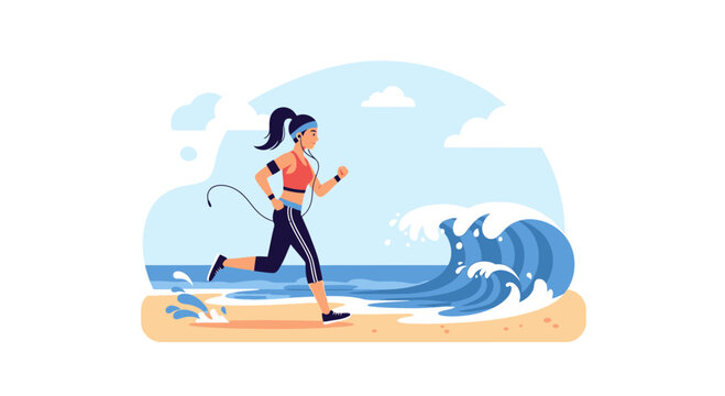 Active Lifestyle Woman Jogging On Sandy Beach Beside Ocean Wave - Powered by Adobe