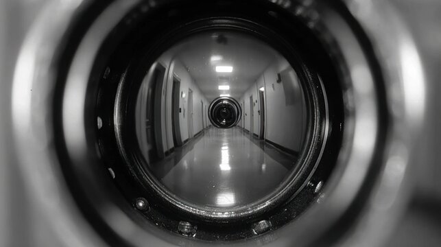 A camera lens views a corridor