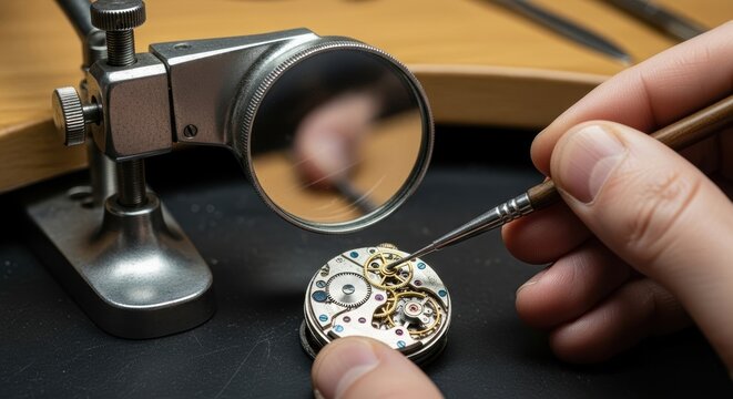 Close-up of watchmaker's hands working on intricate watch mechanism with precision tools - Powered by Adobe
