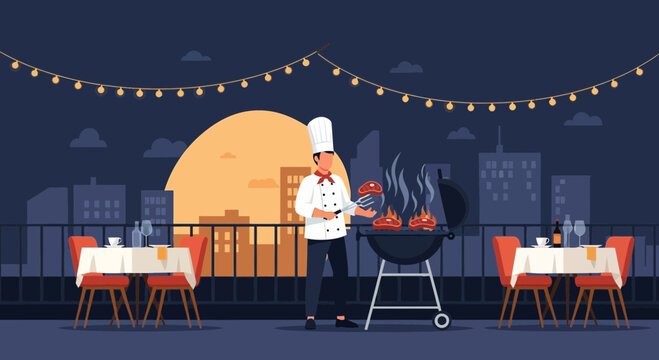 Chef Grilling Meat On Rooftop Restaurant With Cityscape At Night