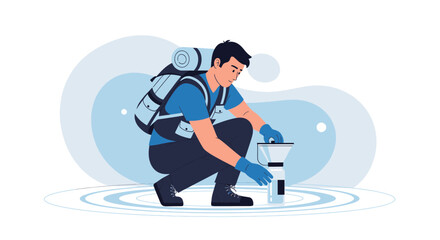 Adventurer Filtering Water From A Stream Outdoors Vector Illustration