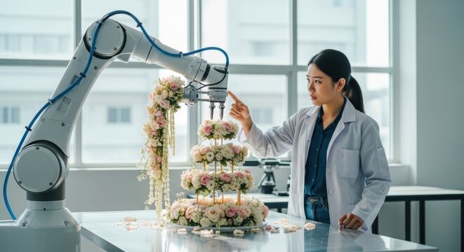 Asian female engineer programming robotic arm to decorate elegant floral cake in modern lab - Powered by Adobe