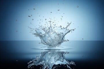 Water splashes with reflections beneath, droplets flying in multiple directions.