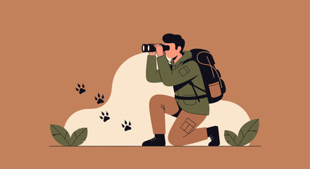Adventurer Observing Wildlife Through Binoculars In Wilderness Setting With Animal Tracks