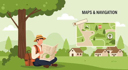 Fototapeta premium Adventurer Planning Trip Using Map Under Tree For Outdoor Journey Vacation