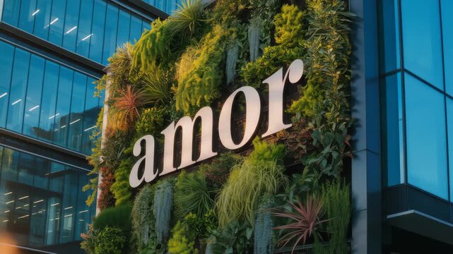 Modern office building exterior with green wall and amor signage