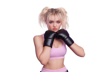 Feminine woman fighter 20s in sportswear and black boxing gloves standing in defense position while training isolated over purple background PNG