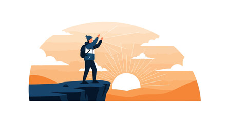 Adventurer Stands Atop Cliff Enjoying Sunrise View Reaching New Heights