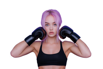 Feminine woman fighter 20s in sportswear and black boxing gloves standing in defense position while training isolated over purple background PNG