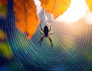 A highly detailed micro photo shot capturing a spider in the process of spinning its delicate web between leaves, with visible silk threads and intricate leg movement.
