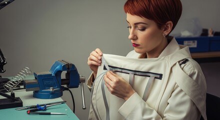 Female technician assembling electronics at workbench