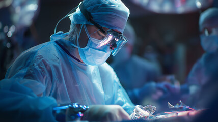 Cyborg surgeon operating, cybernetic eye glowing red while adjusting futuristic tools in dramatic light