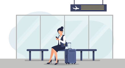 Businesswoman Checking Her Smartphone While Waiting For Her Flight In Airport