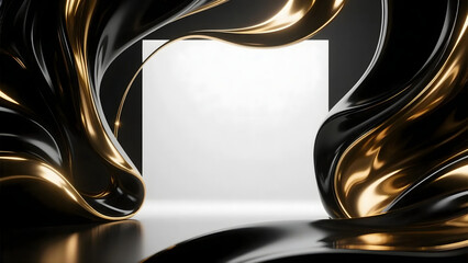 Modern Abstract Gold and Black Fluid Frame with White Space Backdrop