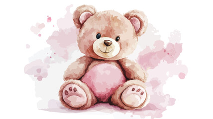 Adorable Teddy Bear on Pink Watercolor Background