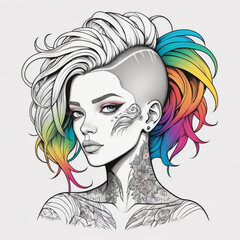 A vibrant, detailed illustration of a confident woman with a partially shaved head, long white hair, and a colorful rainbow ponytail. Features intricate tattoos and striking makeup.