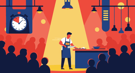 Competitive Culinary Challenge A Chef Preparing Food Under Spotlight Time Pressure