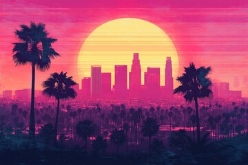 Retro 80s-inspired Los Angeles skyline at sunset with palm trees  