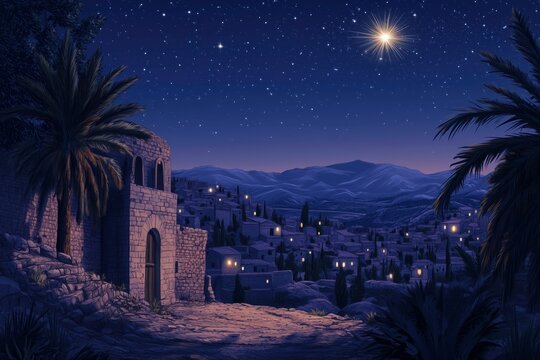 Serene night scene of ancient Bethlehem illuminated by stars and moon  
