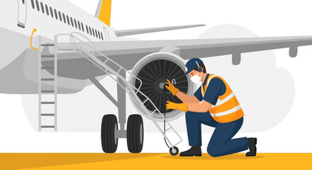Aircraft Maintenance Professional Inspecting Airplane Engine Using Specialized Tools