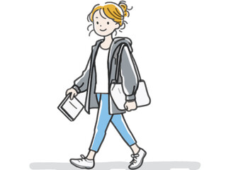 Smiling young woman walking confidently with a tablet and handbag in casual attire against a plain background, lifestyle concept of fashion or tech retail