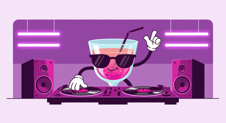 Cool Cocktail Dj Mixes Tunes In Bar With Neon Lights Illustration