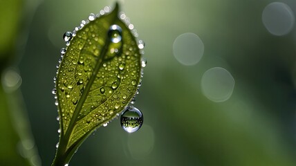 water drops on grass blade in nature. macro. shallow DOF