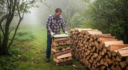 Fototapeta premium Caucasian mature male stacking firewood outdoors in foggy woodland setting
