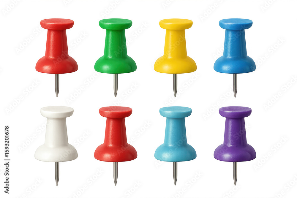 Poster eight colorful pushpins arranged on a transparent background, ready for use in various applications