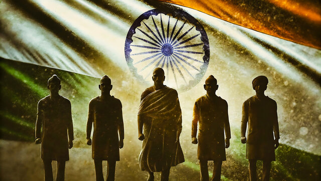 Indian freedom fighters stand proudly against the national flag