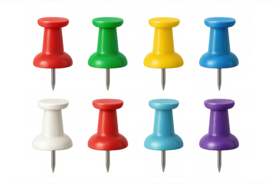 Eight colorful pushpins arranged on a transparent background, ready for use in various applications