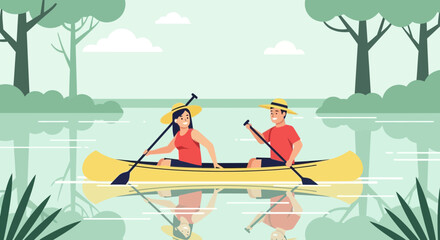 Couple Enjoying A Peaceful Canoe Trip On The Tranquil River Surrounded By Nature