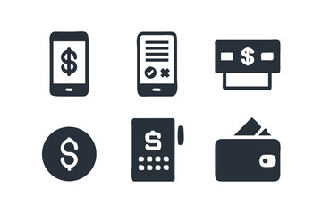 Collection of financial icons including mobile payment coin and wallet isolated on white background