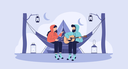 Obraz premium Couple Enjoying Music And Reading Under Moonlight During Camping Adventure