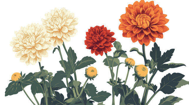 Traditional Japanese floral art print featuring Calendula and Dahlia flowers