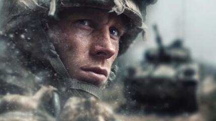 Fototapeta premium Determined mechanized infantry soldier in action during intense battle scene