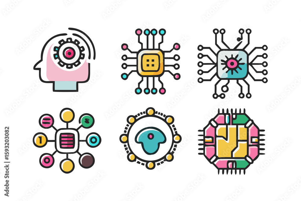 Poster collection of stylized ai and technology icons representing neural networks and processors isolated 