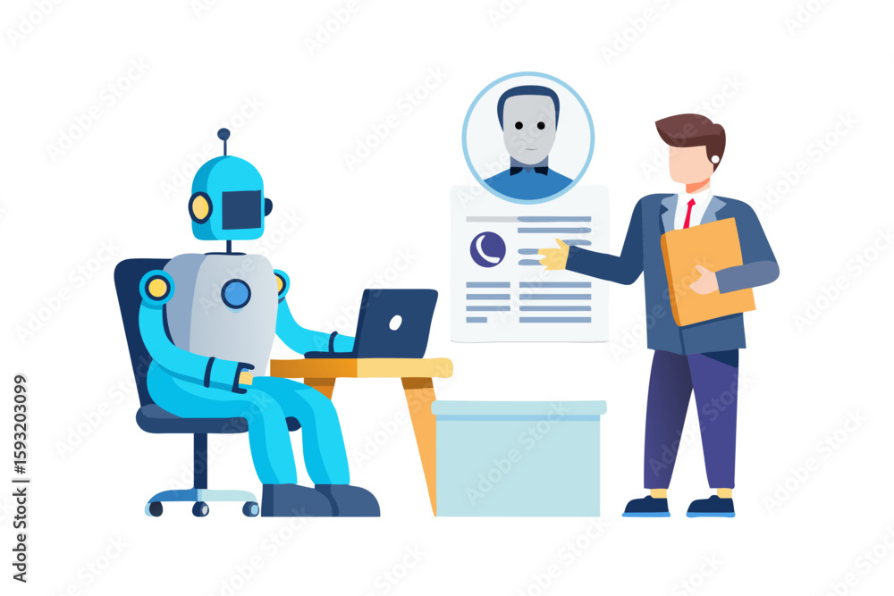 Poster robot and human collaborate on business presentation with data analysis isolated on white background