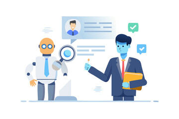 Robot and businessman reviewing candidate profile with magnifying glass isolated on white background