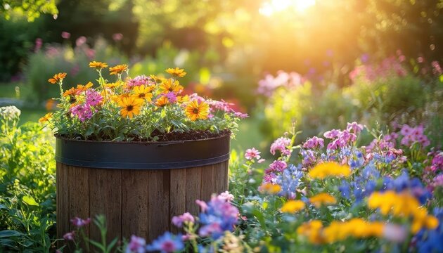 A serene backyard compost bin surrounded by flowers and sunlight, emphasizing natures recycling process