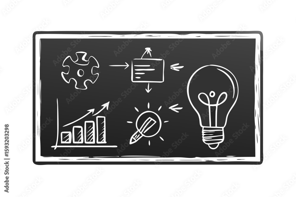 Poster hand drawn business strategy flowchart with lightbulb and graph isolated on white background