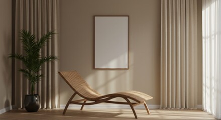 Modern Living Room: A serene modern living room bathed in natural light, featuring a wooden frame chair with elegant curtains and a stylish plant.