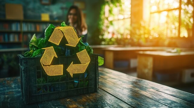 A serene classroom where a teacher explains recycling using glowing digital tools under soft natural light - Powered by Adobe