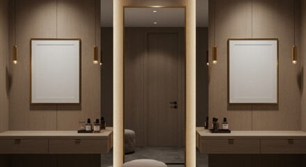 Elegant Dressing Room: a well-lit dressing room boasts a full-length mirror framed by symmetrical artwork, warm ambiance, and neutral color palettes.