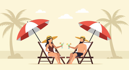 Couple Relaxing On The Beach In Summer Enjoying Cocktails Under The Umbrella